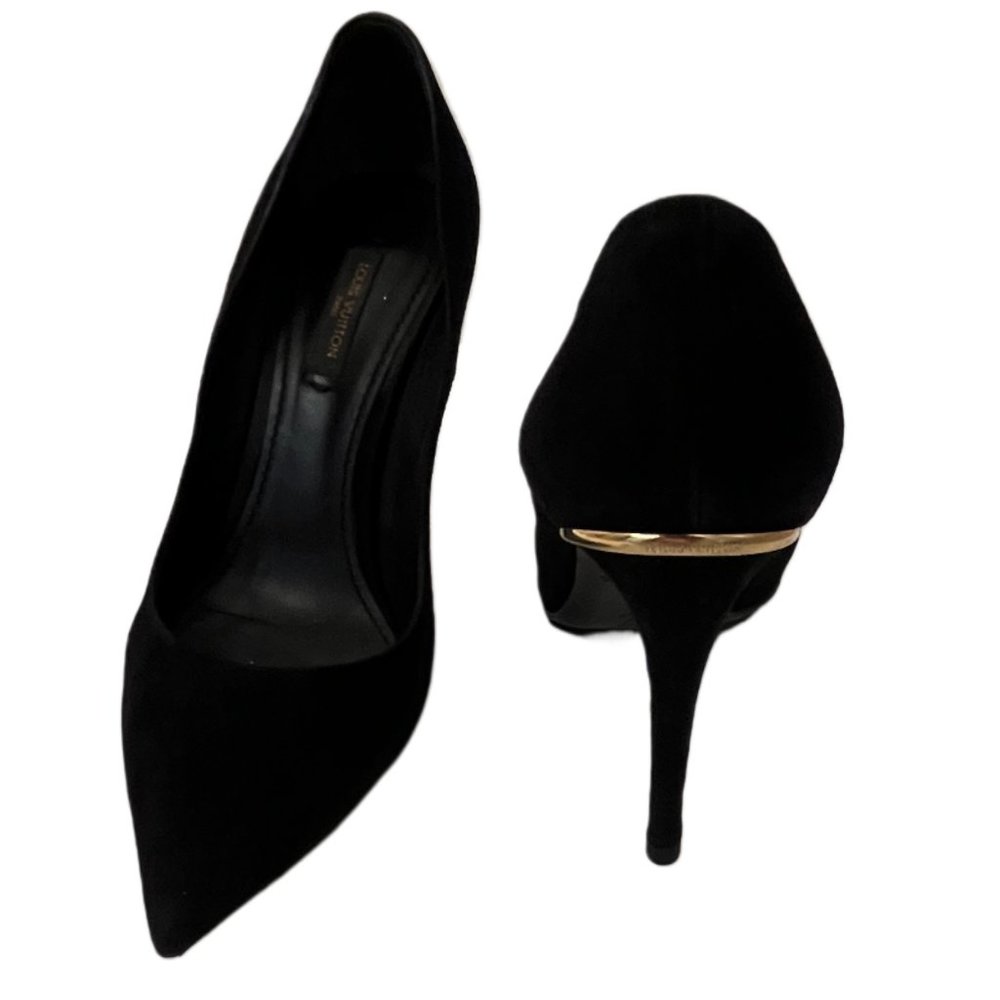 Louis Vuitton Black Suede Pumps, Gold Hardware on Heels, Size 38 (US Size 7.5)